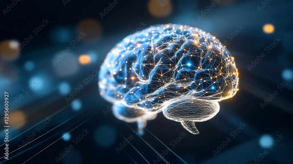 Poster Stunning 3D Render of a Human Brain with Glowing Neural Connections and Blue Bokeh Background : Generative AI