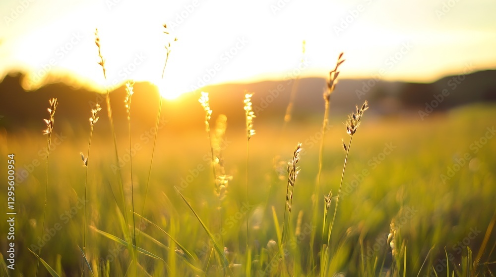 Poster beautiful sunrise lighting up a field of tall grass with soft glow and warm colors : generative ai