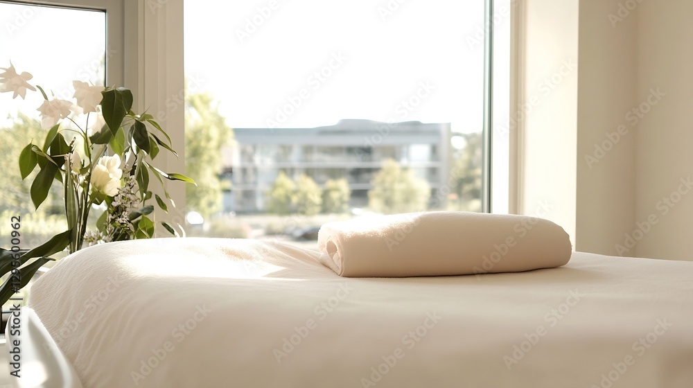 Poster bright and inviting spa room with rolled towel and fresh flowers by the window in natural light : ge