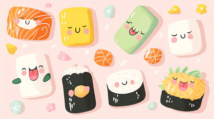Vibrant Gradient Background – Cute Tiny Sushi Rolls With - Version 4