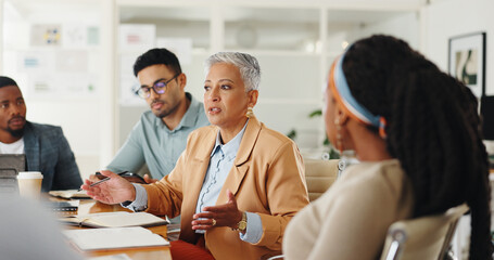 Senior, woman or business people in meeting with talking in teamwork for creative decision making....