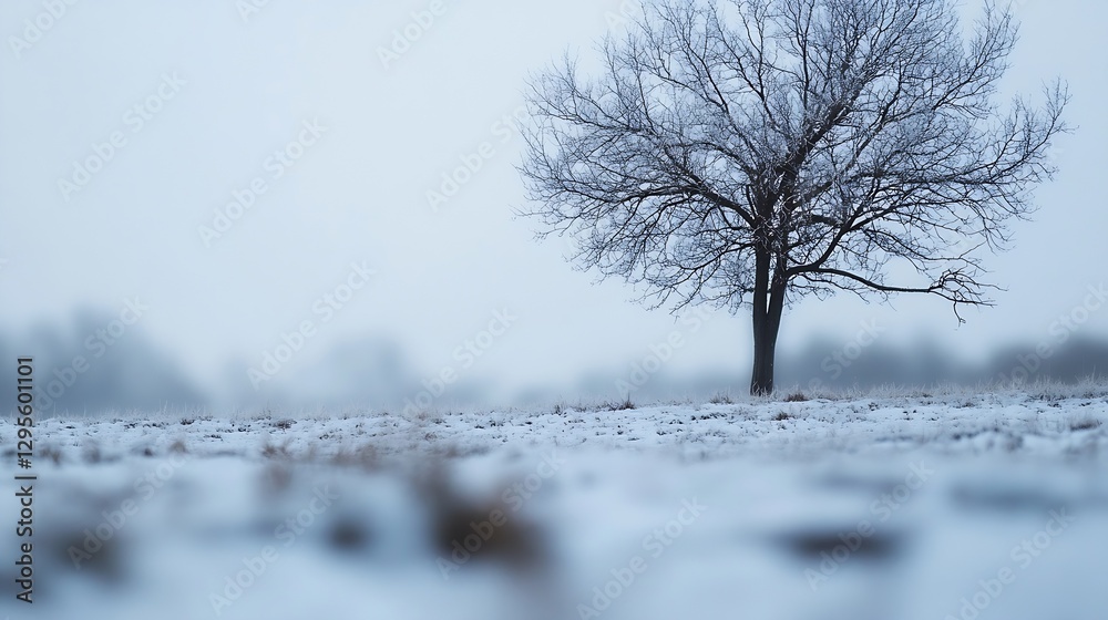 Poster Lonely Bare Tree in a Winter Landscape Shrouded in Soft Snowfall : Generative AI