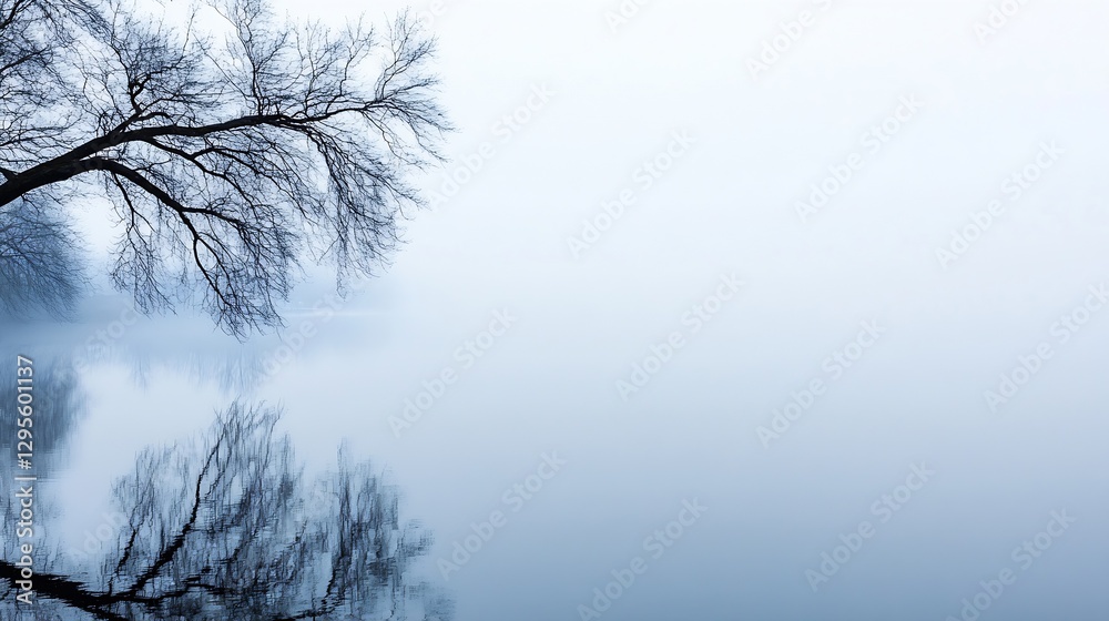 Aufkleber Mysterious Fog Over a Still Lake Reflected by Bare Branches of a Tree in Quiet Nature Scene : Generative AI