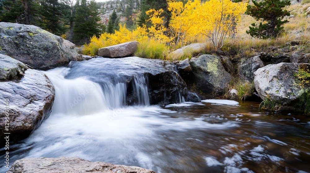 Poster tranquil mountain stream flowing over rocks surrounded by vibrant autumn foliage : generative ai