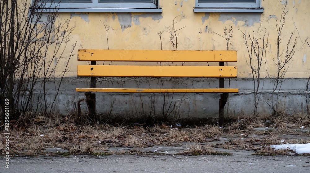Poster lonely yellow bench stands against a weathered wall a touch of color in an abandoned setting : gener