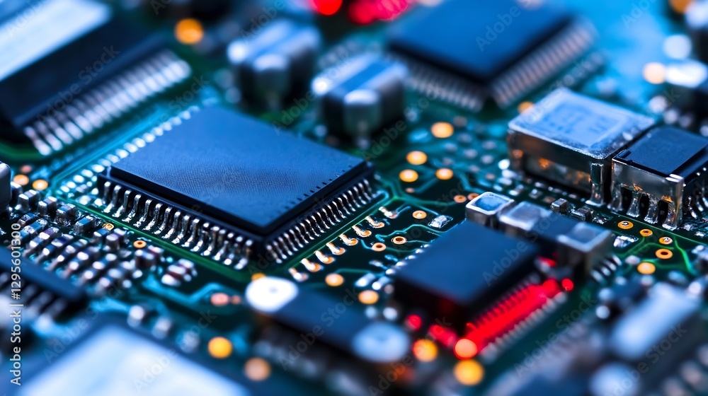Poster Detailed view of electronic circuit board with microchips and glowing components : Generative AI