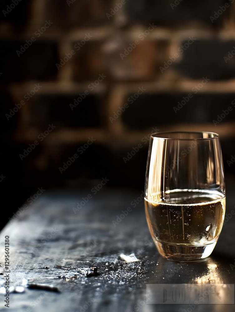 Poster elegant glass of sparkling beverage on rustic table with dark brick background capturing the essence