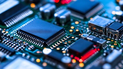 Fototapeta premium Detailed view of electronic circuit board with microchips and glowing components : Generative AI