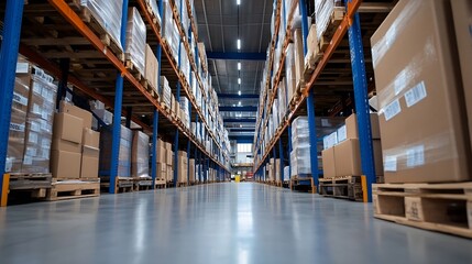 Fototapeta premium Spacious warehouse interior with rows of organized palettes and stacked boxes creating a systematic storage environment : Generative AI