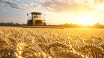 Fototapeta premium Golden wheat fields at sunset with agricultural machinery highlighting the beauty of farming and rural life in natural light : Generative AI
