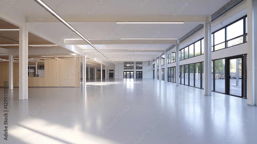 Poster bright and spacious modern interior of an open concept office with large windows : generative ai