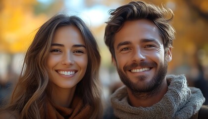 Fototapeta premium Couple smiles autumn park