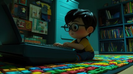 Fototapeta premium Child using laptop at night in a room. Possible stock photo use