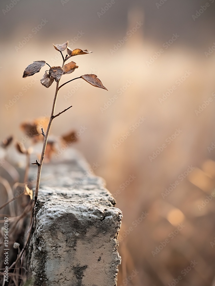 Poster Delicate leaf on a concrete ledge with soft light in a dreamy autumn scene : Generative AI