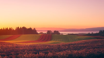 Obraz premium Golden Horizon: Scenic landscape during sunrise or sunset, painted with warm, inviting colors. Farmland gently rolling towards the horizon with an enchanting, soft, dreamy light.