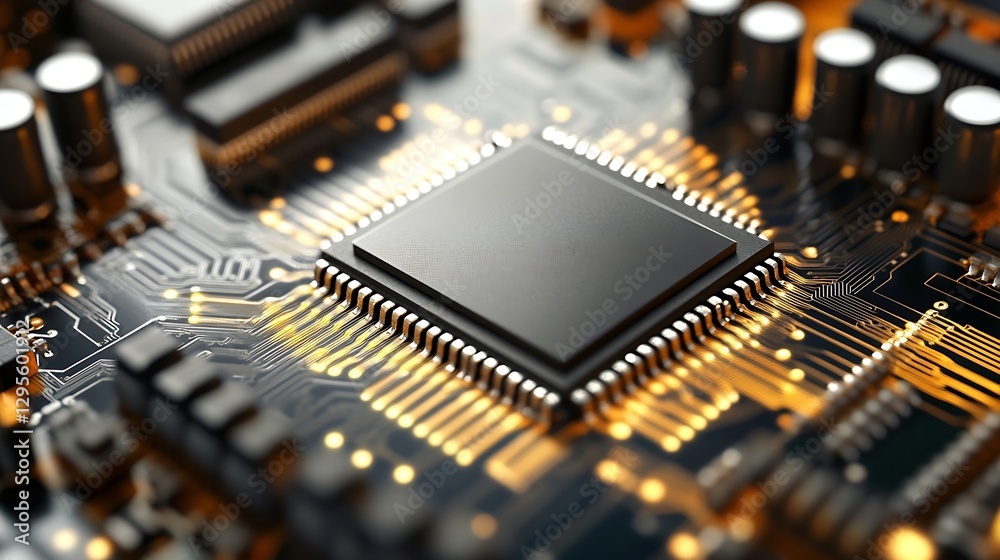 Poster detailed closeup of a modern microchip circuit board highlighting technology and innovation : genera