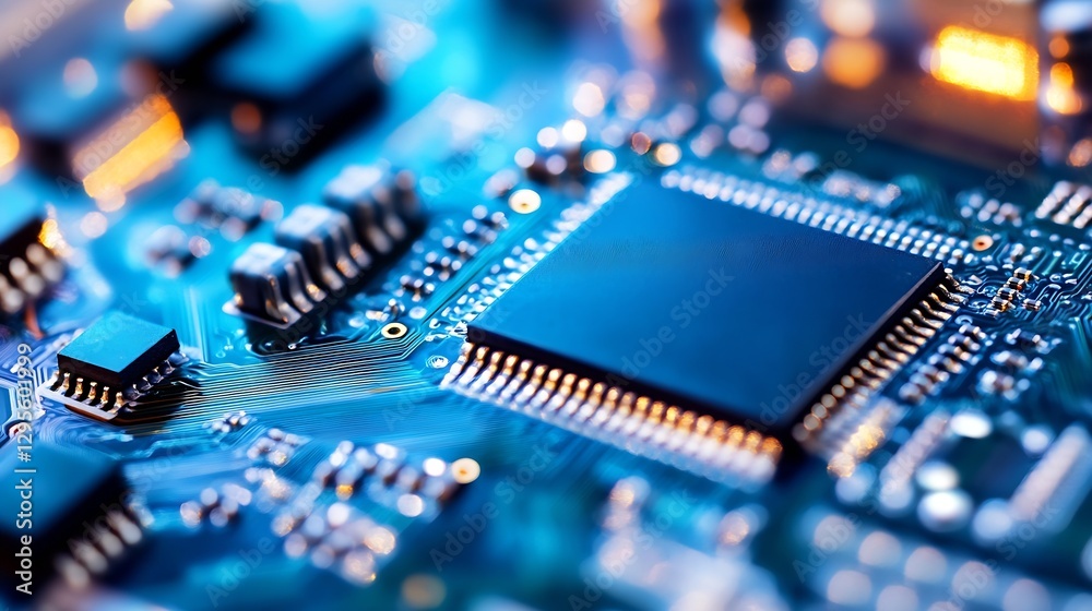 Poster Close Up of an Advanced Circuit Board with Microchip and Electronics : Generative AI