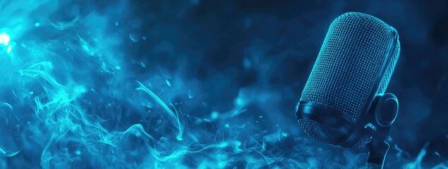 Abstract microphone in vibrant blue flames