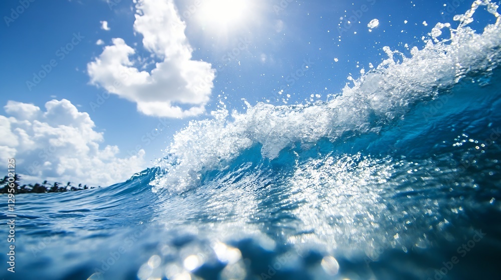 Poster dynamic ocean wave crashing under the bright sun with splashes and clear blue skies : generative ai