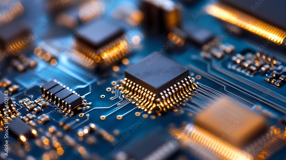 Poster Close Up of High Tech Circuit Board with Microchips and Electronic Components : Generative AI