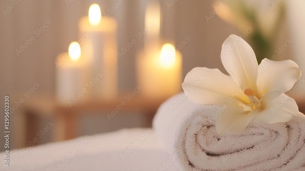 Poster relaxing spa scene with towel and blooming flower surrounded by soft candlelight : generative ai