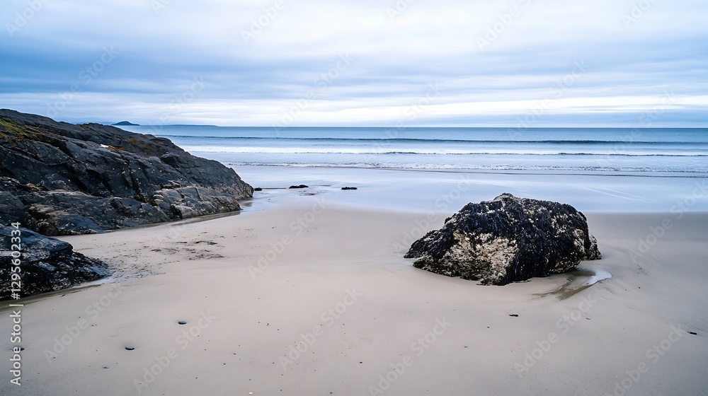 Aufkleber serene beach landscape featuring a rocky shore and gentle waves under a cloudy sky : generative ai