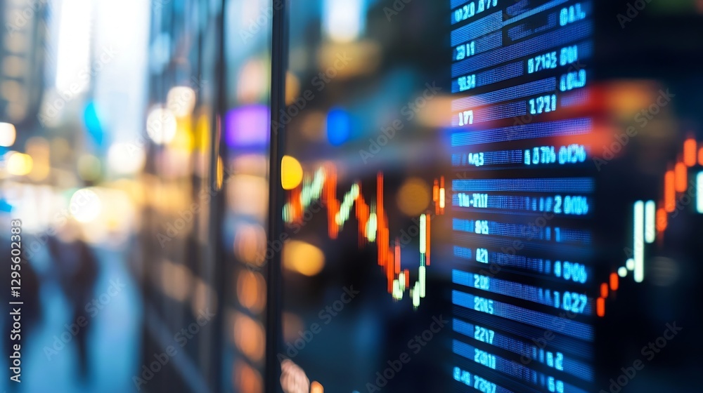 Leinwandbilder Digital stock market screen display with colorful graphs and figures in a bustling urban setting : Generative AI