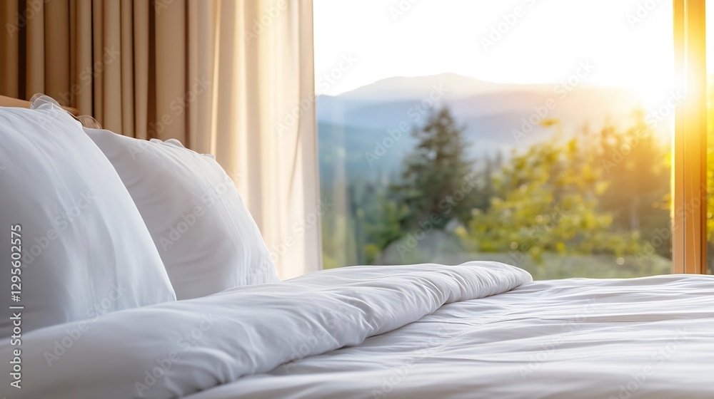 Poster Sunlit Bedroom with Soft White Bedding and Scenic View Through Large Window : Generative AI