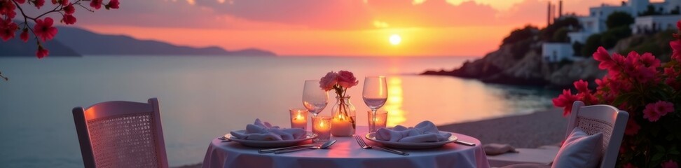 Sunset over calm Mediterranean, romantic table setting, cliff, restaurant, coast