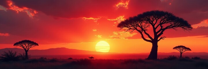 Sunset silhouettes of majestic baobabs against fiery sky, golden hour, travel, stock photo