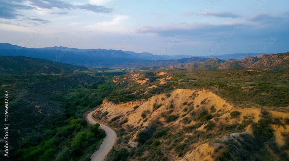 Poster aerial view of serene valley and rolling hills under a beautiful cloudy sky : generative ai