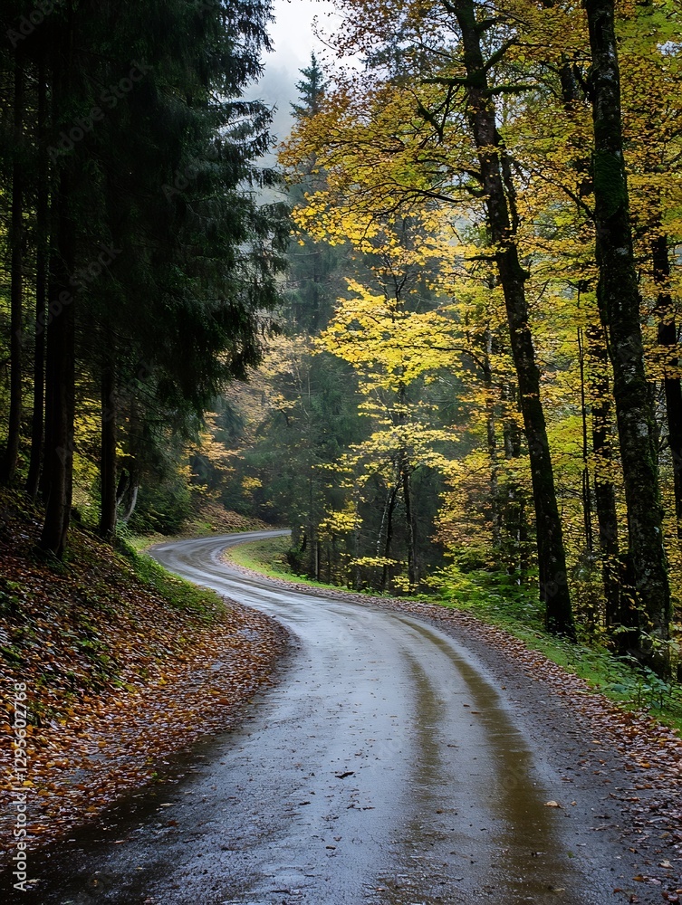 Poster winding road through colorful autumn foliage surrounded by tall forest trees : generative ai
