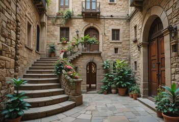 A view of a medieval inner yard with stone stairs, walls, and plants in the Gothic Quarter of Barcelona, Spain