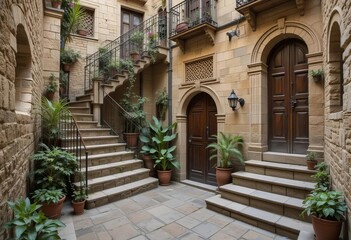 Fototapeta premium A view of a medieval inner yard with stone stairs, walls, and plants in the Gothic Quarter of Barcelona, Spain