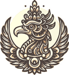 Intricate illustration of a mythical bird with ornate wings and crown against a light background