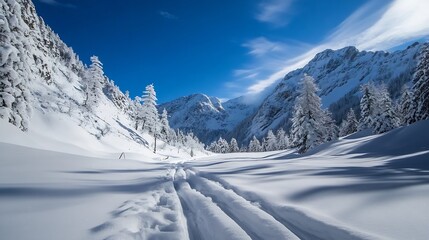 Obraz premium Pristine SnowCovered Alpine Landscape with Fresh Tracks Leading into the Mountains : Generative AI