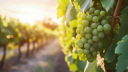 Fototapeta premium Close up view of ripe green grapes hanging on the vine in a sunlit vineyard : Generative AI