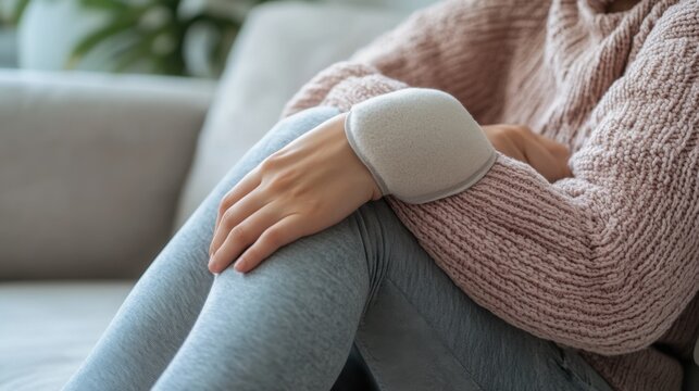 A person using a hot compress on their injured elbow while reading a book in a cozy living room. Featuring healing and comfort
