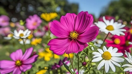 Fototapeta premium Vibrant Pink Cosmos Flowers Among White Daisies in a Lush Garden Setting on a Sunny Day