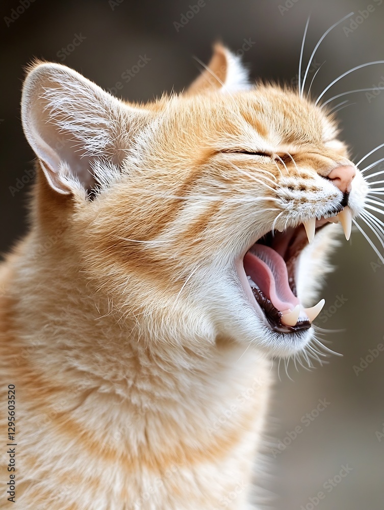 Poster Charming closeup of a ginger cat yawning widely with its sharp teeth visible in a serene outdoor setting : Generative AI