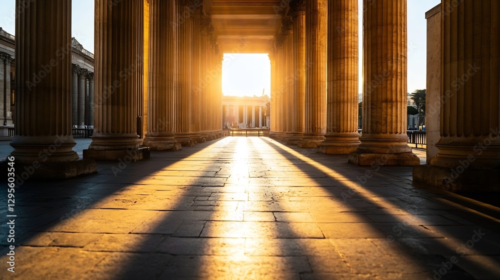 Poster Golden sunlight pouring through ancient columns creating long shadows on the stone floor : Generative AI
