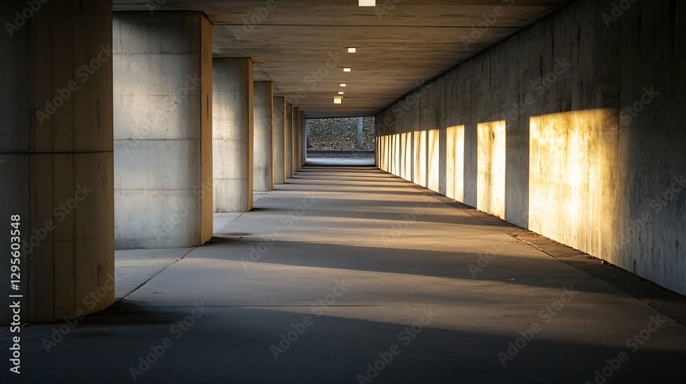 Poster modern concrete passageway with soft sunlight and shadows : generative ai