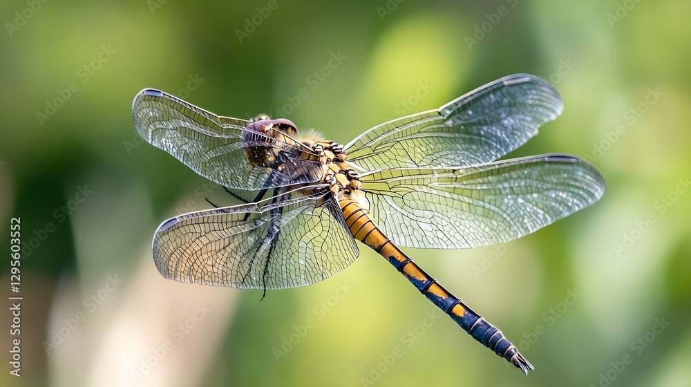 Poster Close up of a dragonfly with vibrant colors and detailed wings hovering over blurred background : Generative AI