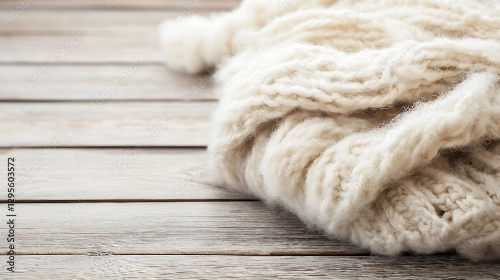 Poster Cozy Knitted White Blanket on Rustic Wooden Surface Creating Warm Inviting Atmosphere : Generative AI