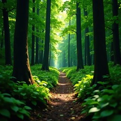 Fototapeta premium Narrow forest trail disappearing into deep woods, calm, mysterious, quiet