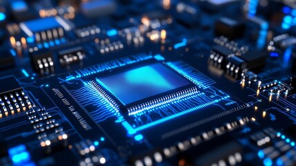 Fototapeta premium Close-Up View of Modern Circuit Board with Glowing LED Lights and Microchips : Generative AI