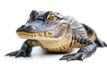 Fototapeta premium Close-Up of an Alligator on Light Background Showcasing Textured Skin and Expressive Eyes in a Studio Setting
