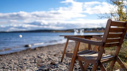 Relaxing Beachside Setting with Wooden Chair and Glasses on a Clear Day : Generative AI