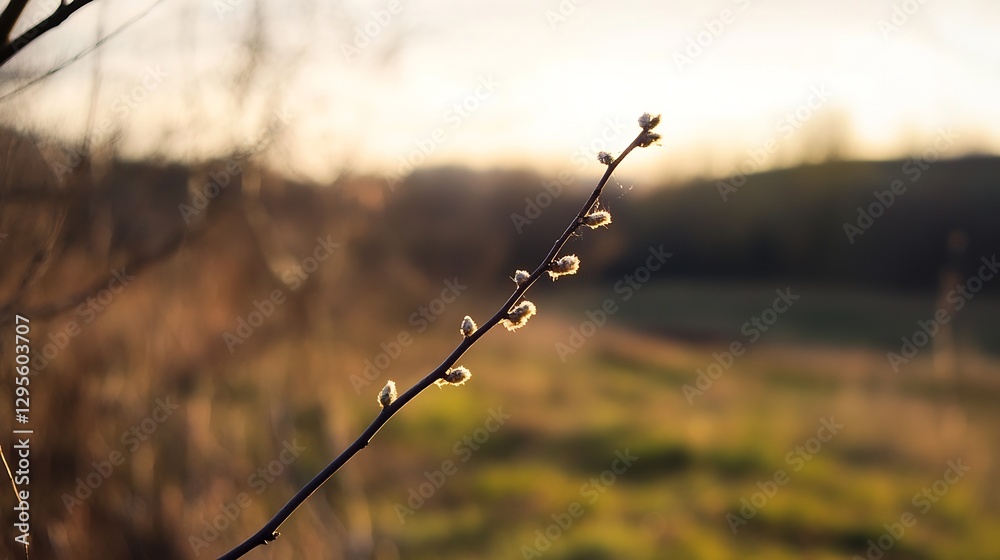Poster Closeup of a delicate branch with soft catkins against a blurred landscape background in evening light : Generative AI