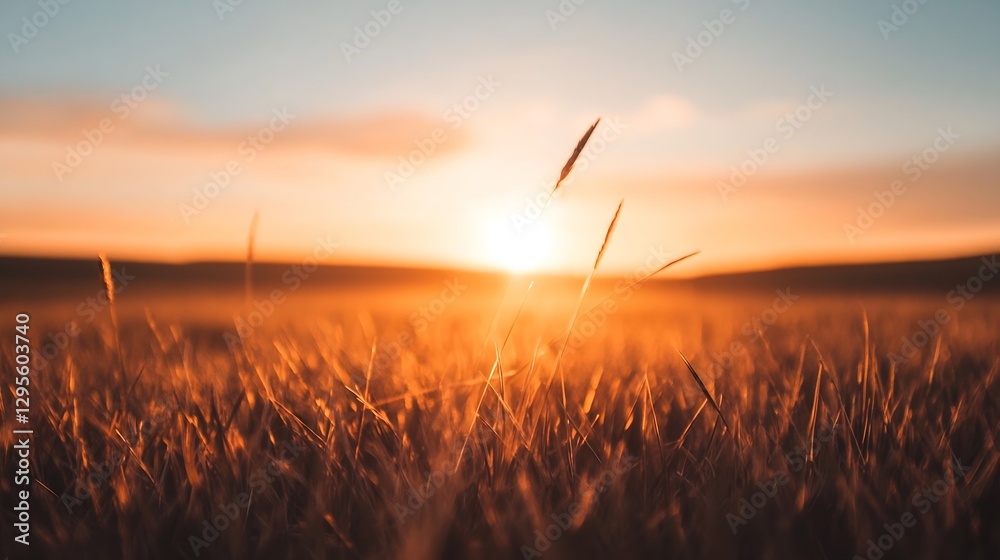 Poster stunning golden sunset illuminating a field with tall grass creating a serene and warm atmosphere : 